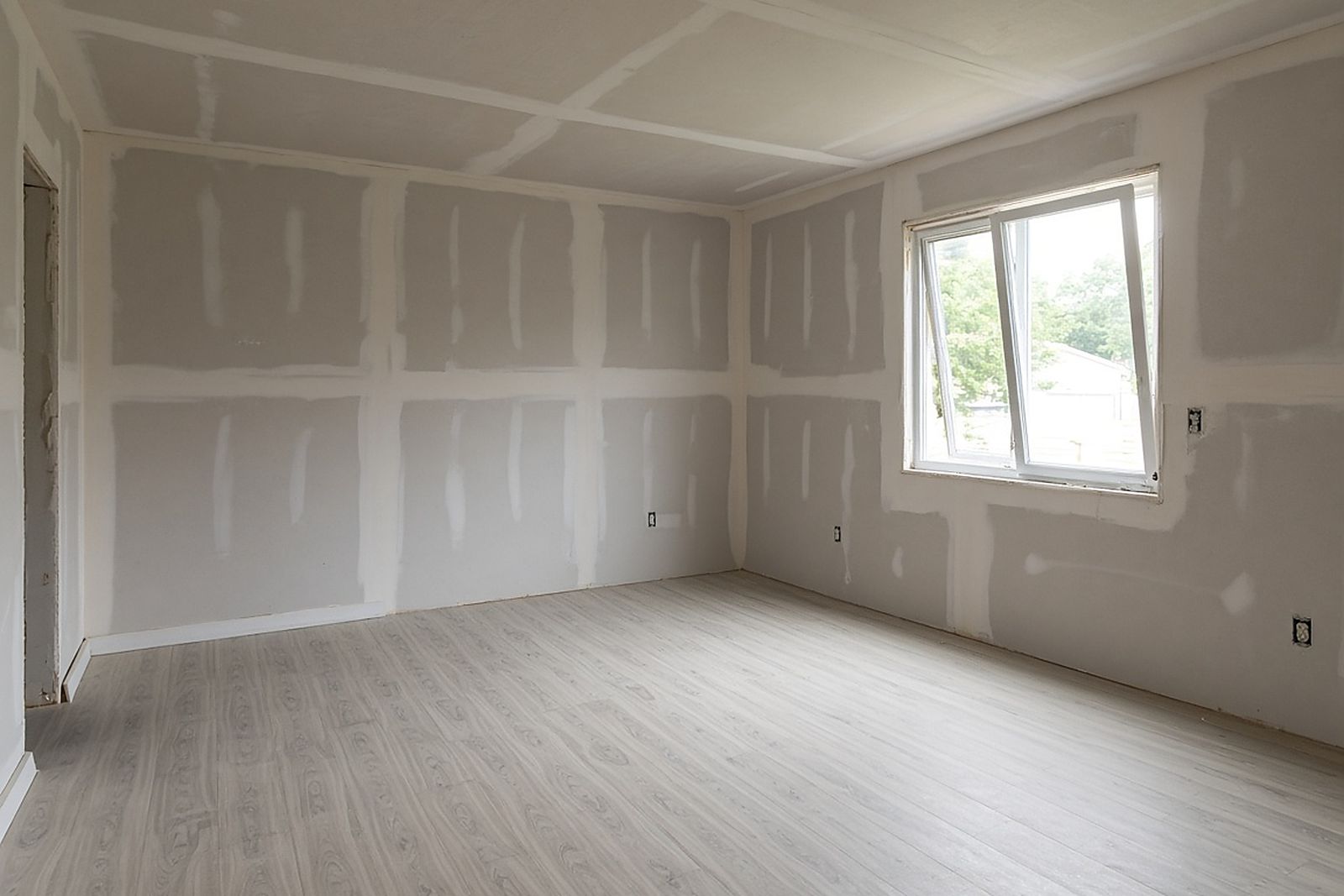 Empty room with new drywall taped and finished and new flooring installed