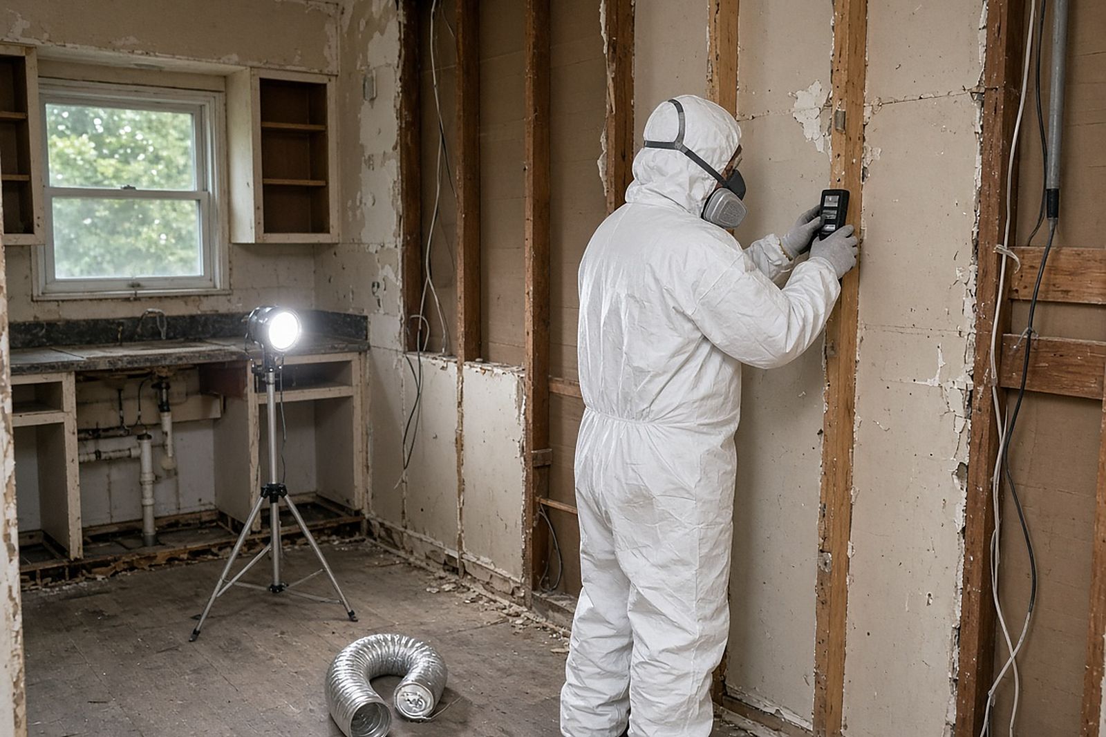 Technician in a respirator checking exposed studs in a gutted kitchen with a work light and duct